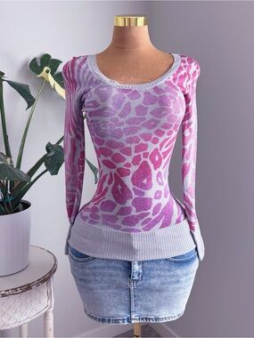 Y2K 2000s Express Sparkly Pink Animal Print Sweater Top